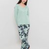 PINTO Pijama Flora Estampado Pantalon (2 Piezas) Verde Flores Azul Marino | Pijamas