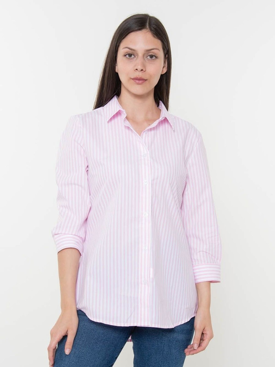 PINTO Blusa Manga 3/4 Blanco Lineas Rosadas | Polos & Blusas