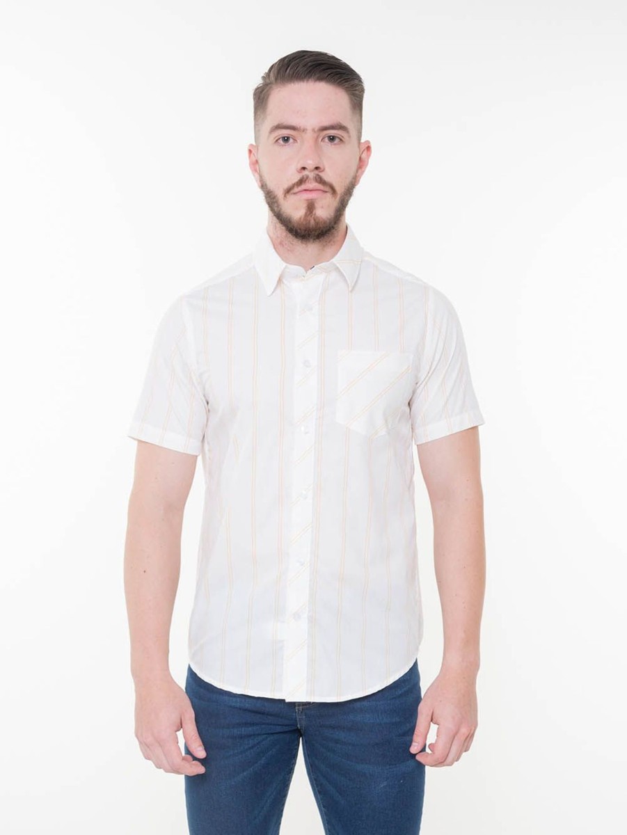 PINTO Camisa Regular Fit Manga Corta Blanco Lineas Amarillas | Camisas