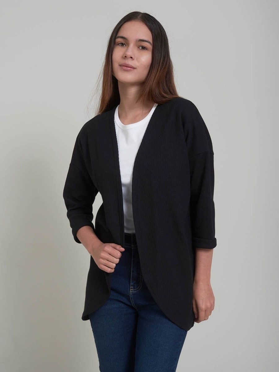 PINTO Cardi Waffle 3/4 Negro | Sueteres & Chaquetas