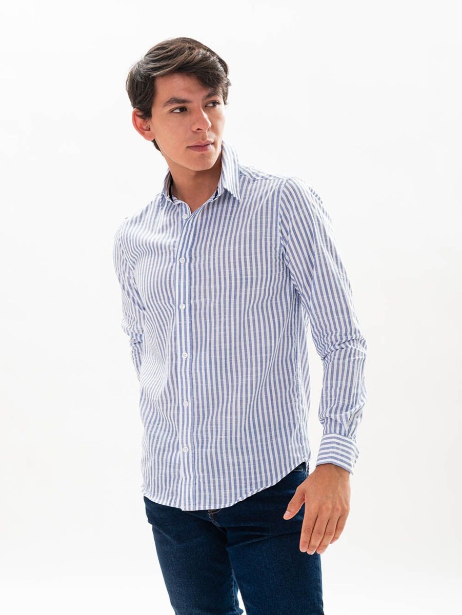 PINTO Camisa Regular Fit Manga Larga Blanco Lineas Gruesas Azules | Camisas