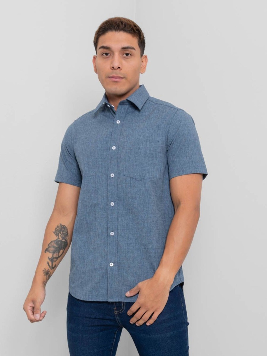 PINTO Camisa Regular Fit Manga Corta Azul Jaspeado | Camisas