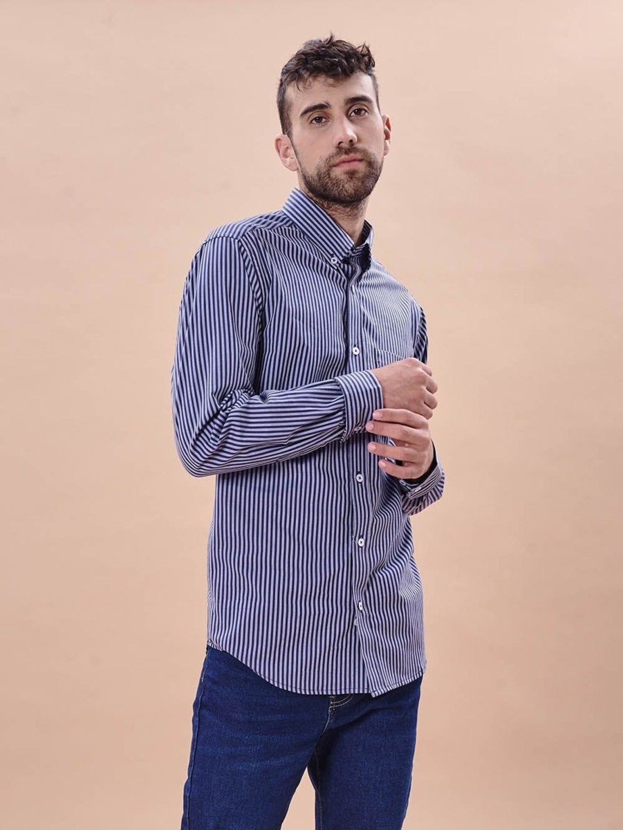 PINTO Camisa Classic Fit Azul Lineas Gris | Camisas