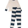 PINTO Pijama Rib Estampada Uni Kids (2 Piezas) Crudo Lineas Azules | Basico Kids