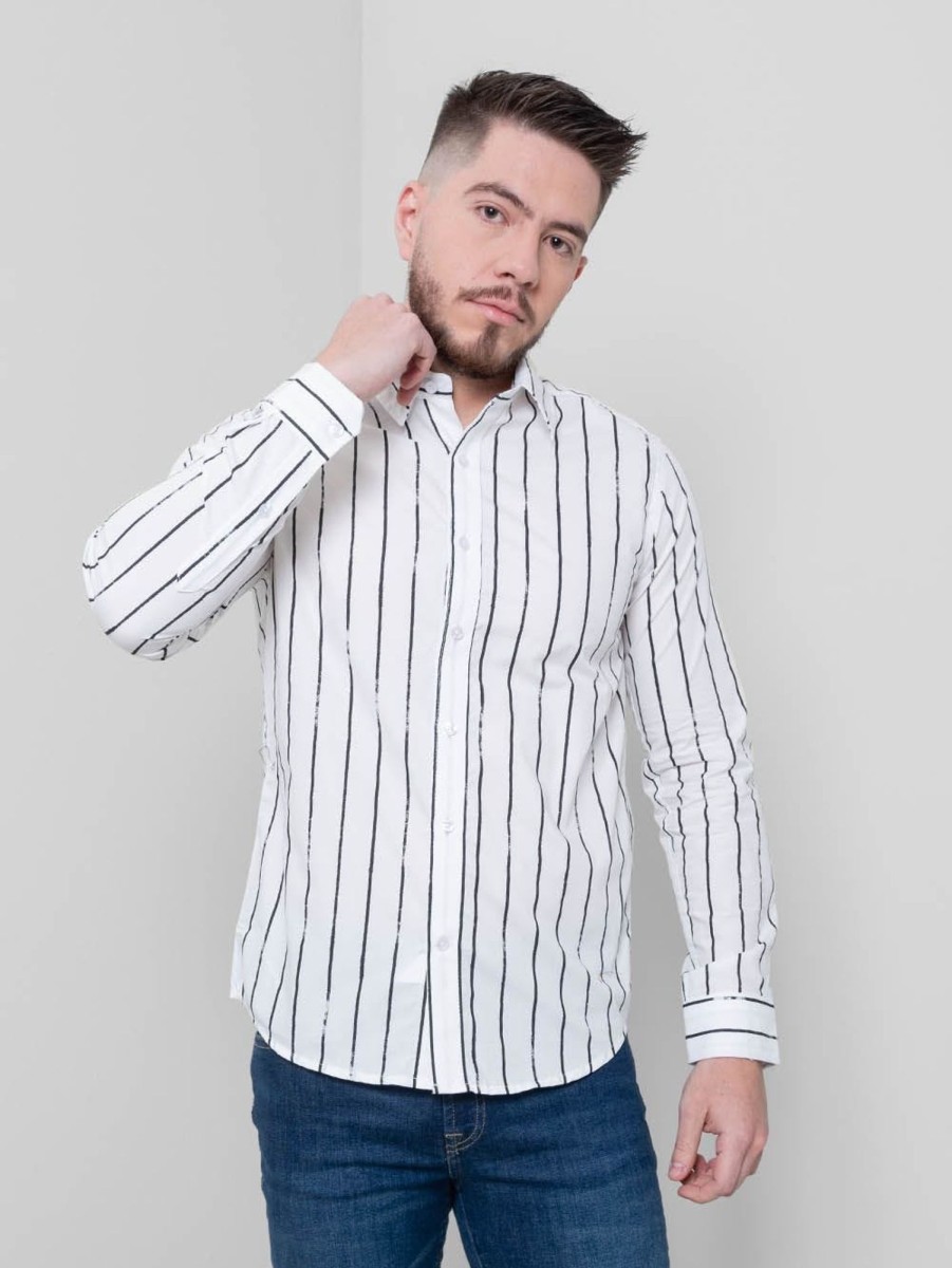 PINTO Camisa Regular Fit Manga Larga Blanco Lineas Negras | Camisas